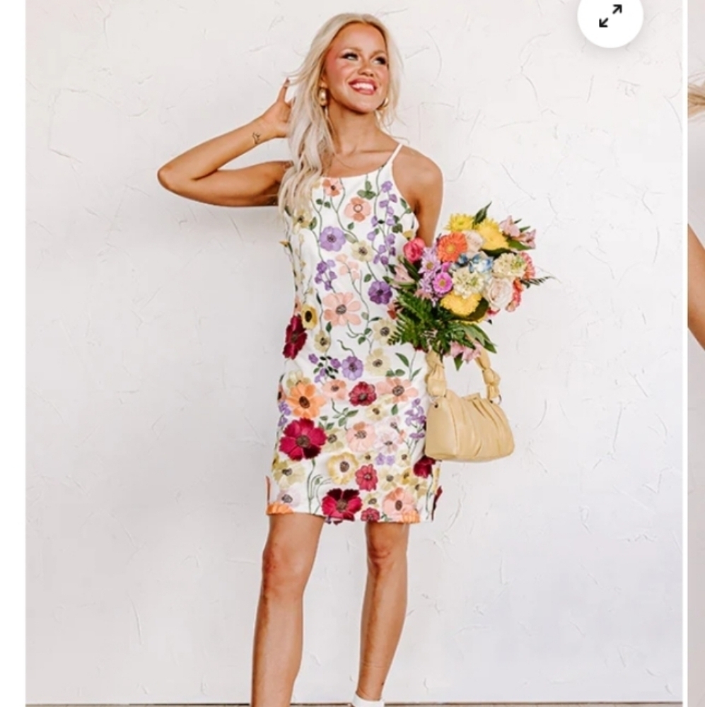 She + Sky Women Mini Dress Embroidered Floral White Dress Size Medium